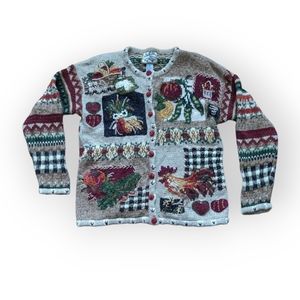Heirloom Collectibles Colorful Fall Cardigan Size L Chicken Farm Country Harvest
